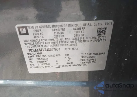 2018 Chevrolet Equinox Lt z USA, uszkodzony, nr VIN 3GNAXSEV7JS597987